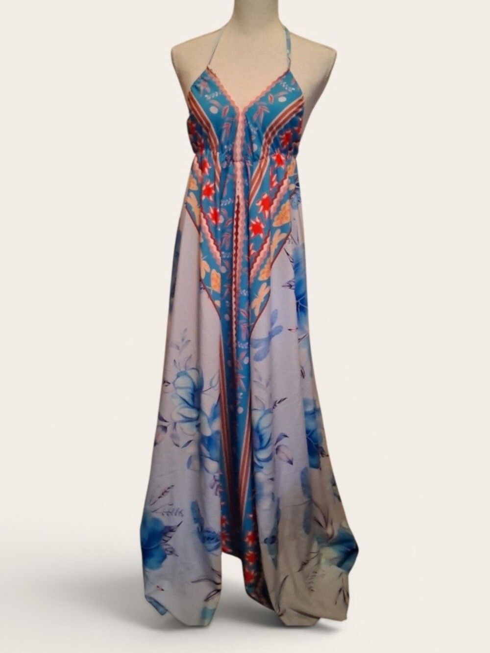Tropical Halter Maxi Dress Blue Floral Long Backless Vacay Beach Resort Sz Large